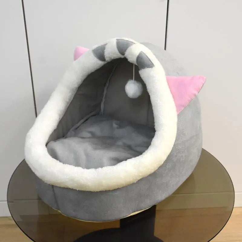 Thermal Cartoon Animal Ear Design Cat Cave Bed - Soft and Warm Fleece Indoor Pet House for Daily Comfort and Style
