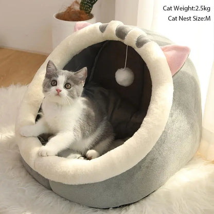 Thermal Cartoon Animal Ear Design Cat Cave Bed - Soft and Warm Fleece Indoor Pet House for Daily Comfort and Style